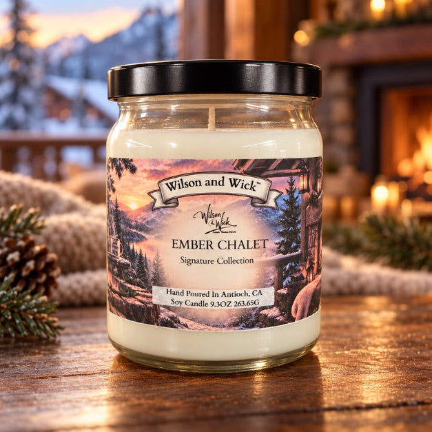 Ember Chalet soy candle by Wilson & Wick with Winter Chalet and Bonfire Embers scent notes in a cozy winter cabin setting