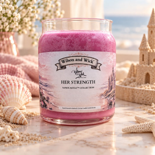 A pink candle in a clear glass jar labeled 'Wilson and Wick Her Strength Sandcastles Collection,' styled on a sandy surface with shells, starfish, flowers, and a beach scene in the background.