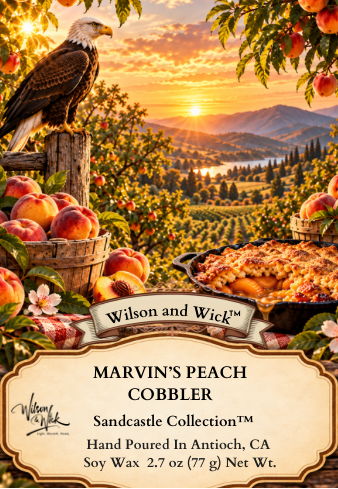 Marvin’s peach Cobbler wax melt cover. 
